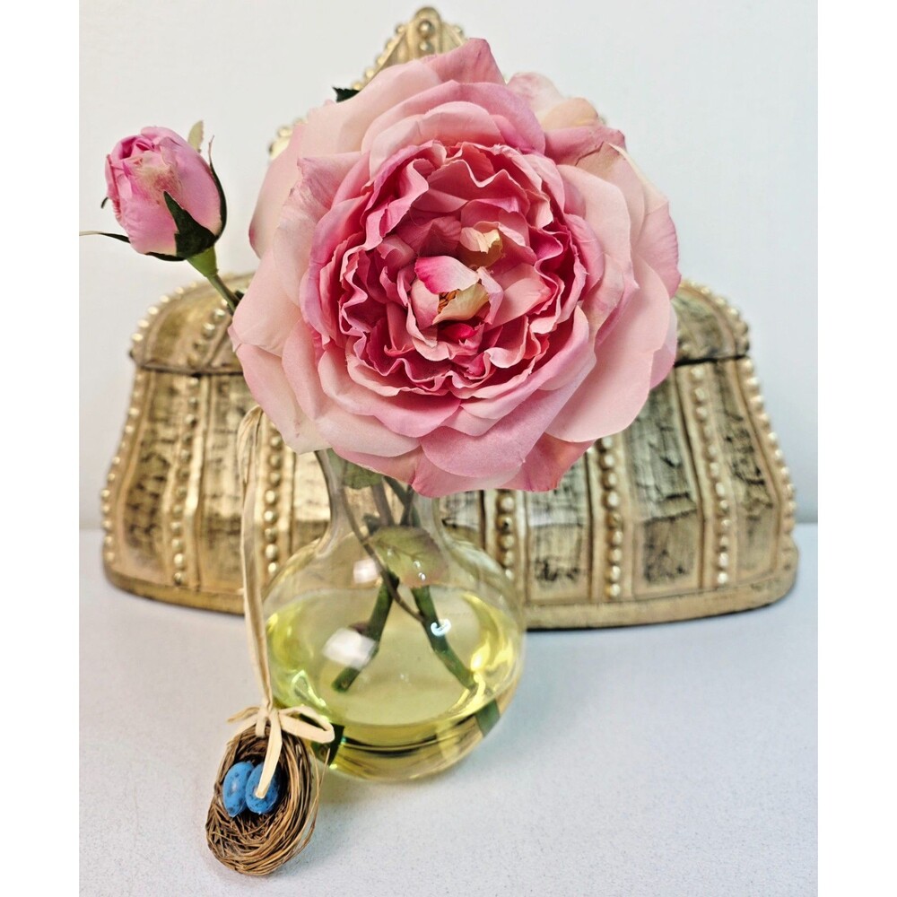 Vintage Faux Pink Cabbage Rose Silk Flower in Glass Vase with Bluebird Nest